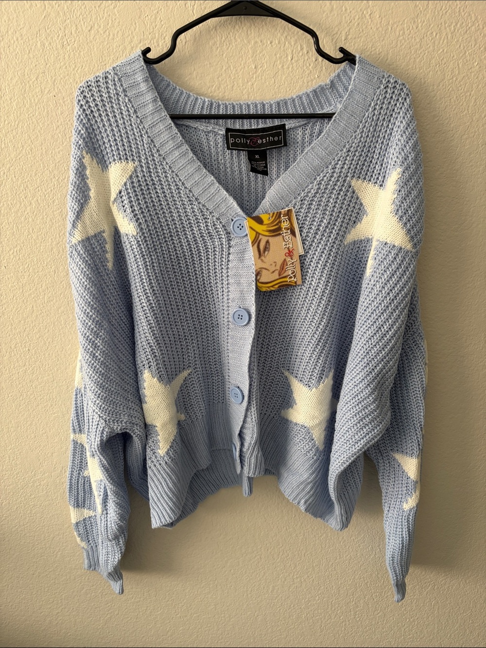 NWT Polly & Esther Pale Blue Star-Print V-Neck Button-Front Cardigan Size XL